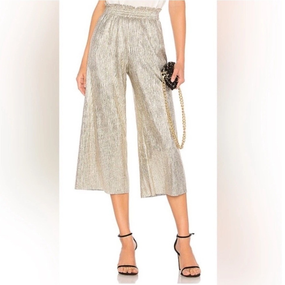 Alice + Olivia Elba Metallic Silver Knit Cropped Wide Leg Pants Sz 8 EUC